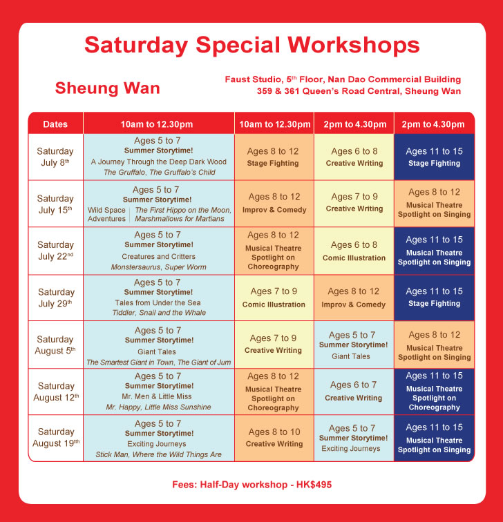 Faust’s Special Saturday Workshop schedule
